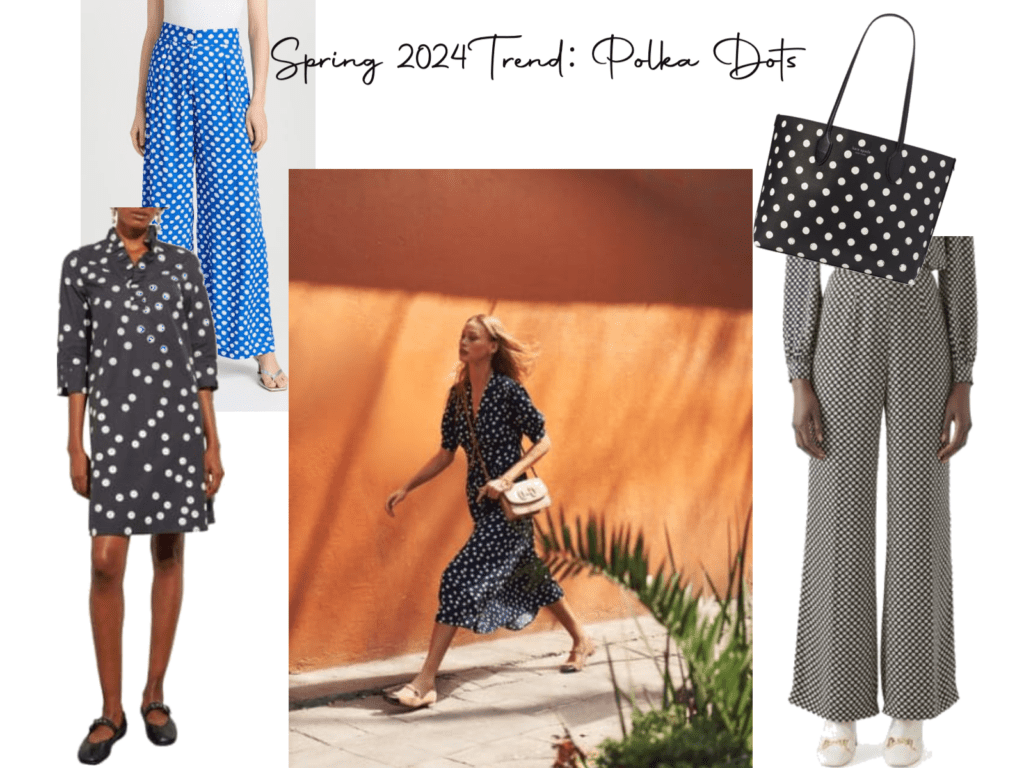 Shoppable outfit board showing the polka dot trend