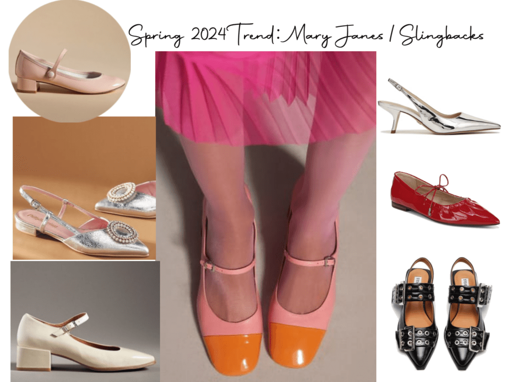 shoppable outfit board showing the wearable spring trends of Mary Janes and slingback shoes