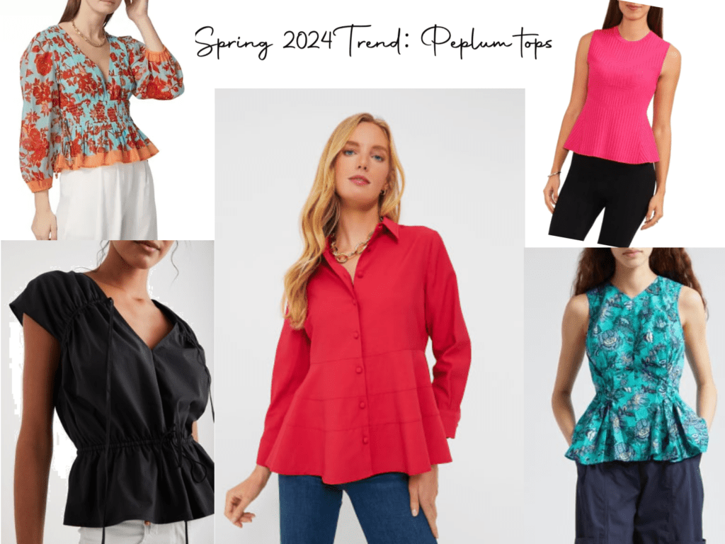 Outfit board showing a collection of peplum tops a wearable spring trend 2024