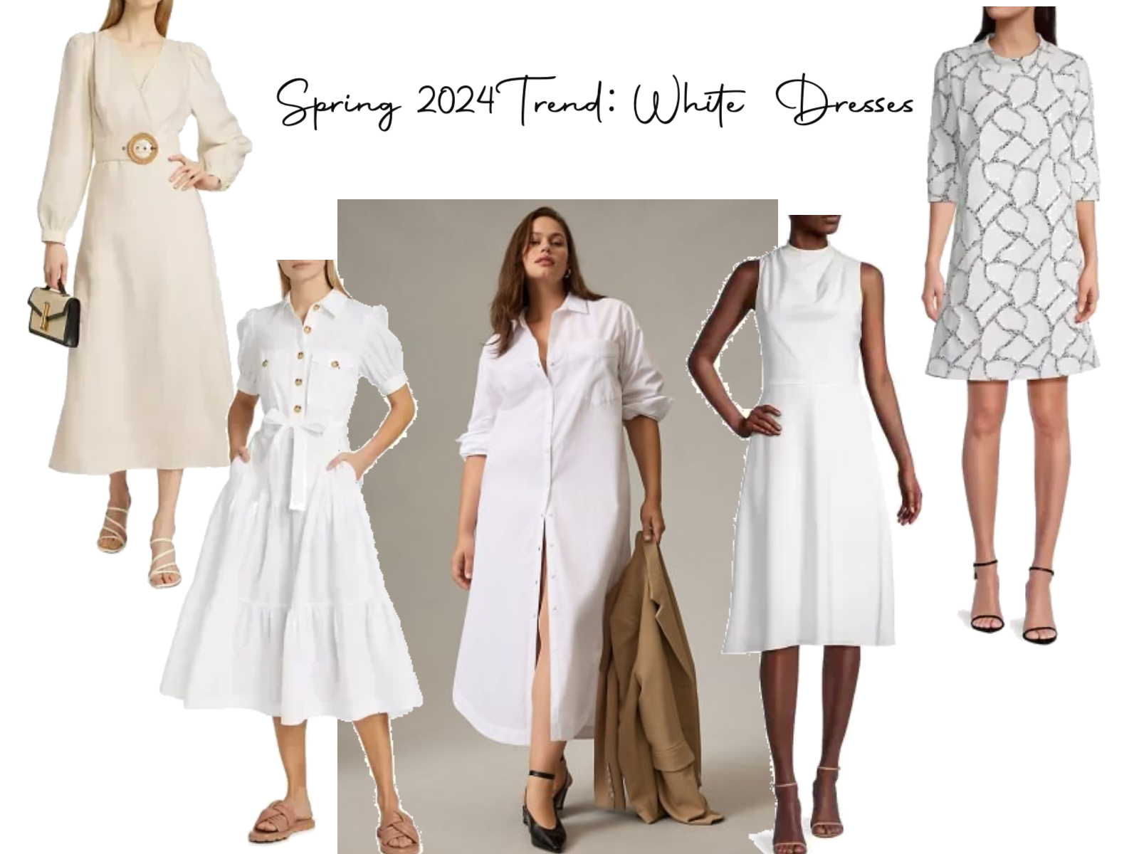 A shoppable outfit board showing the wearable spring trend, white dresses. 