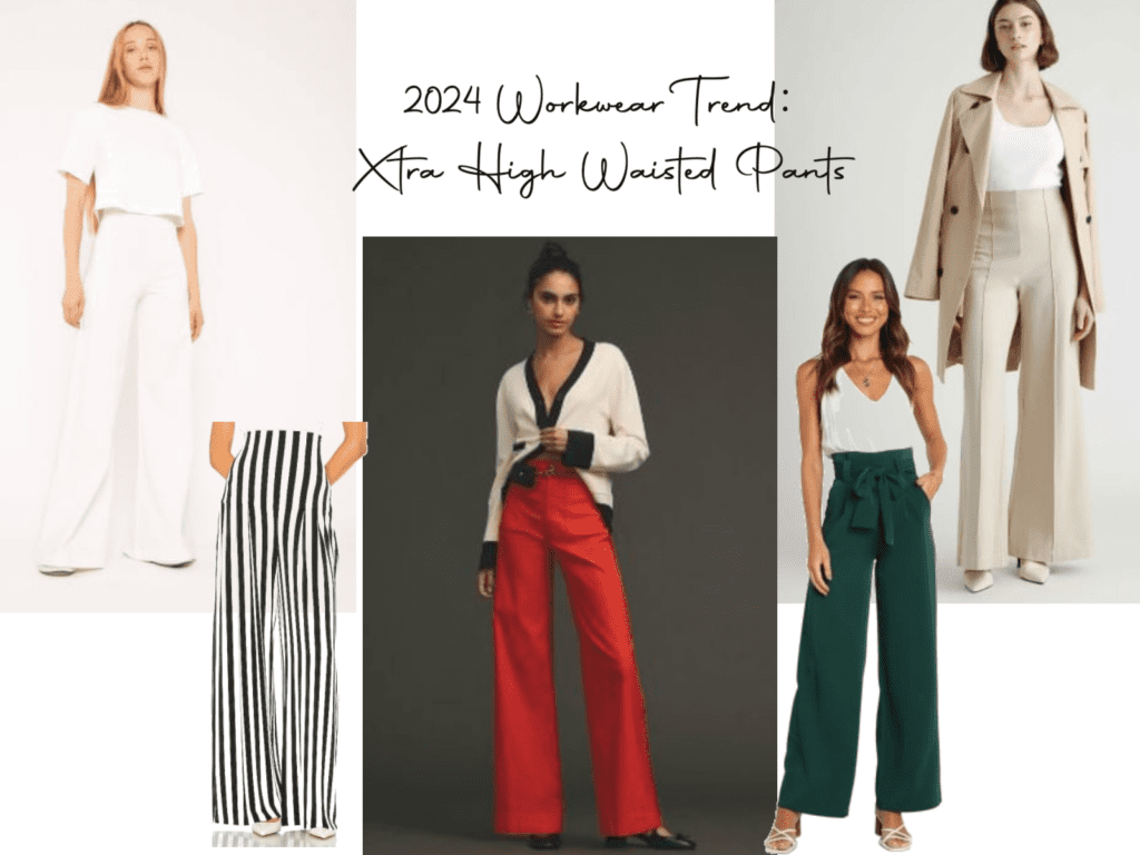 A collage of extra high rise pants, a key workwear trend for spring 2024