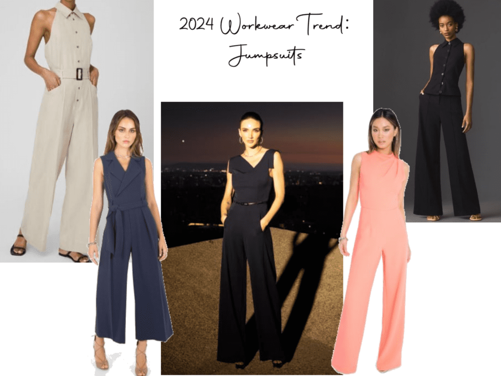 A collage showcasing the Jumpsuit workwear trend for 2024