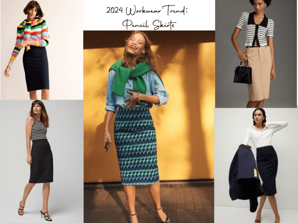 A collage of pencil skirts, a key workwear trend for 2024