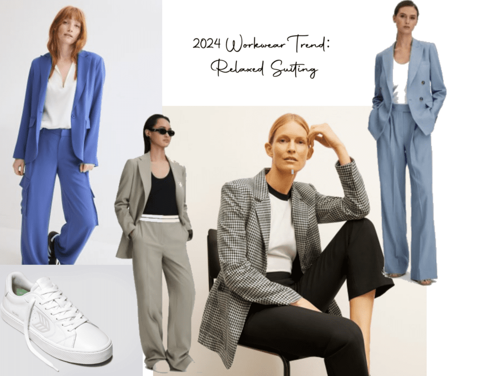 A collage showcasing relaxed women's suiting, a key workwear trend for 2024