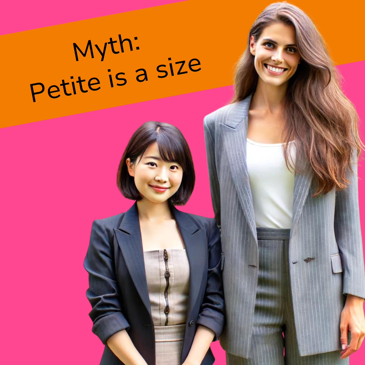 Two professionally dressed women standing next to each other, one petite and one tall. 