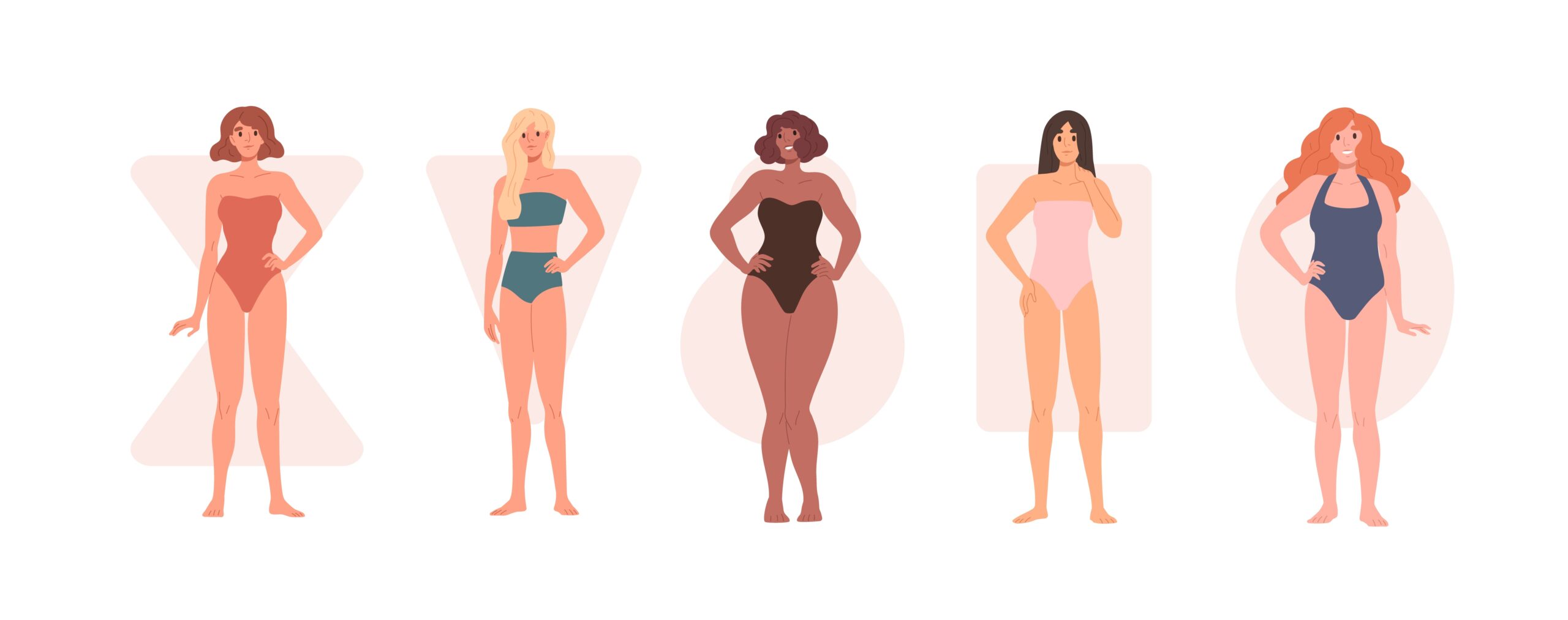 Different body shape types. Diverse women in underwear and bikini portraits with rectangle, inverted triangle, hourglass, pear and apple figures. Flat vector illustrations isolated on white background