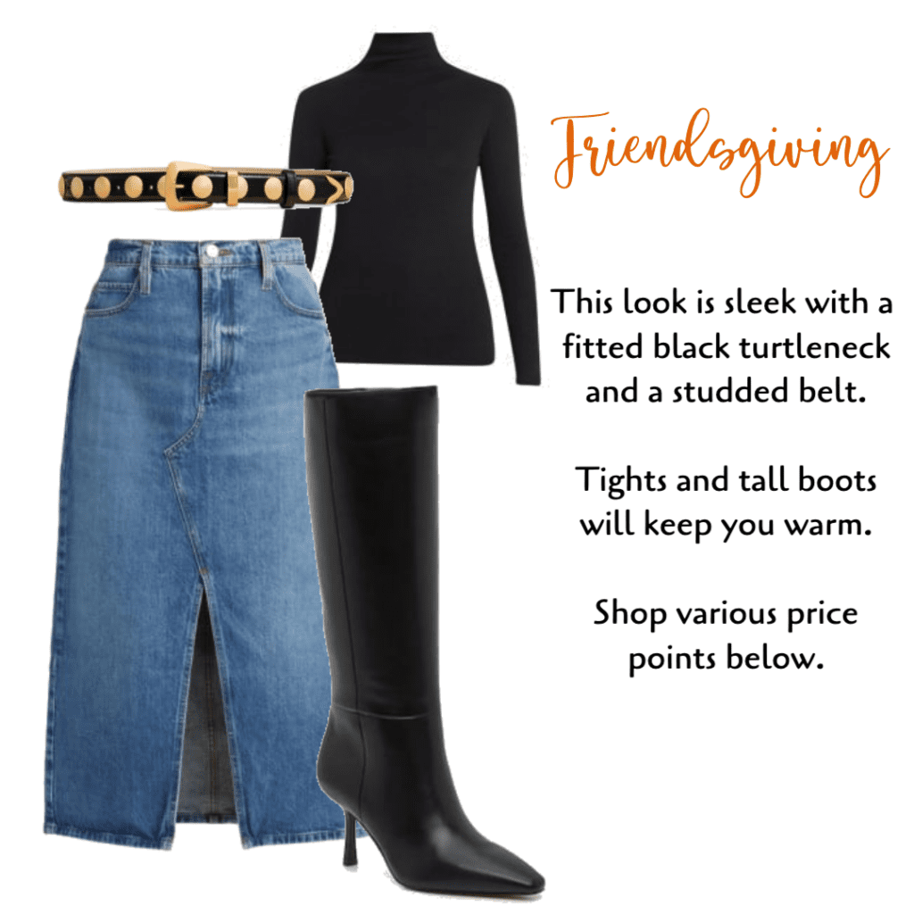 Thanksgiving Outfit Ideas- jean skirt, turtleneck and boots