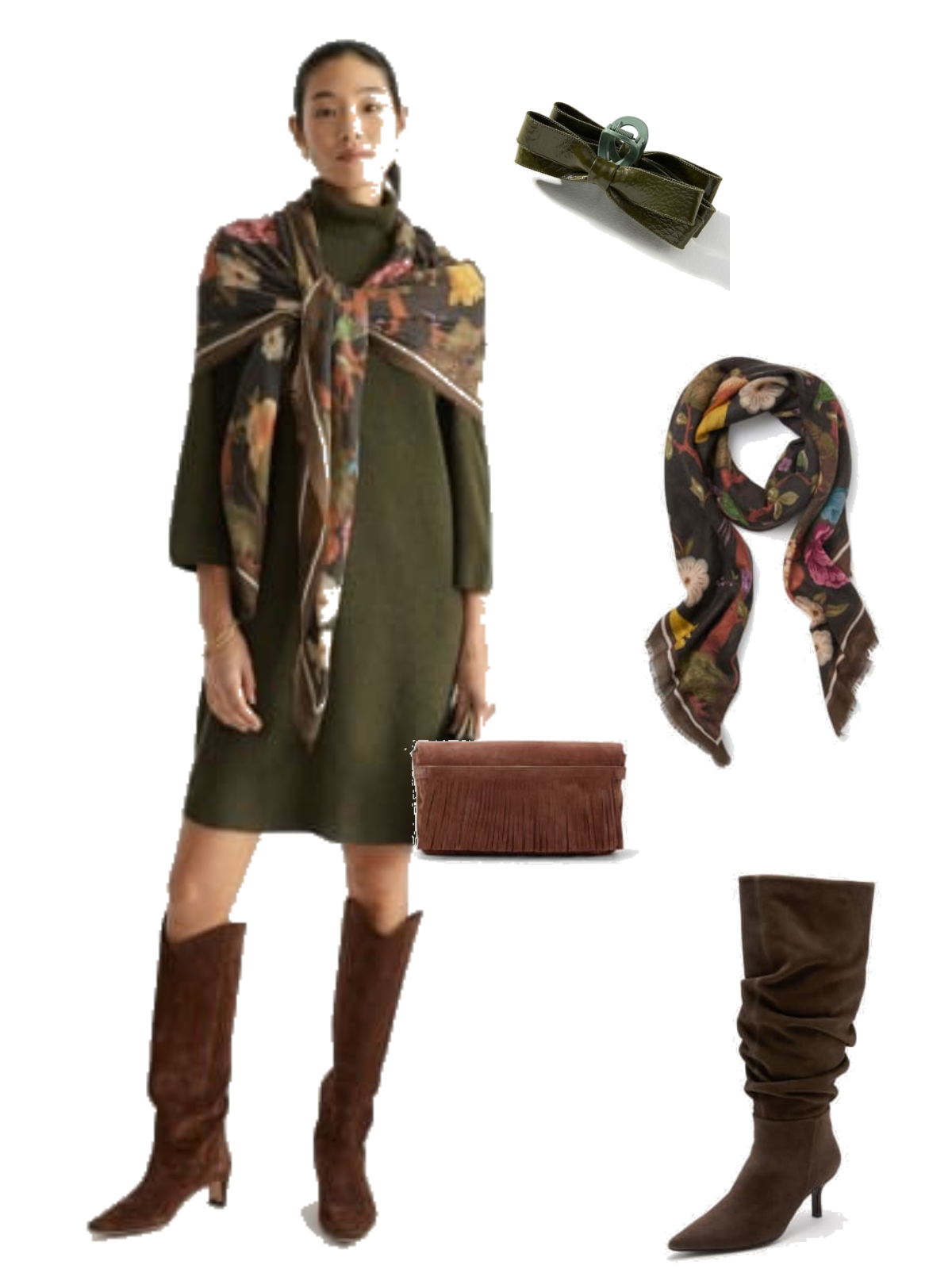 Thanksgiving Outfit Ideas-Sweater dress, scarf and boots