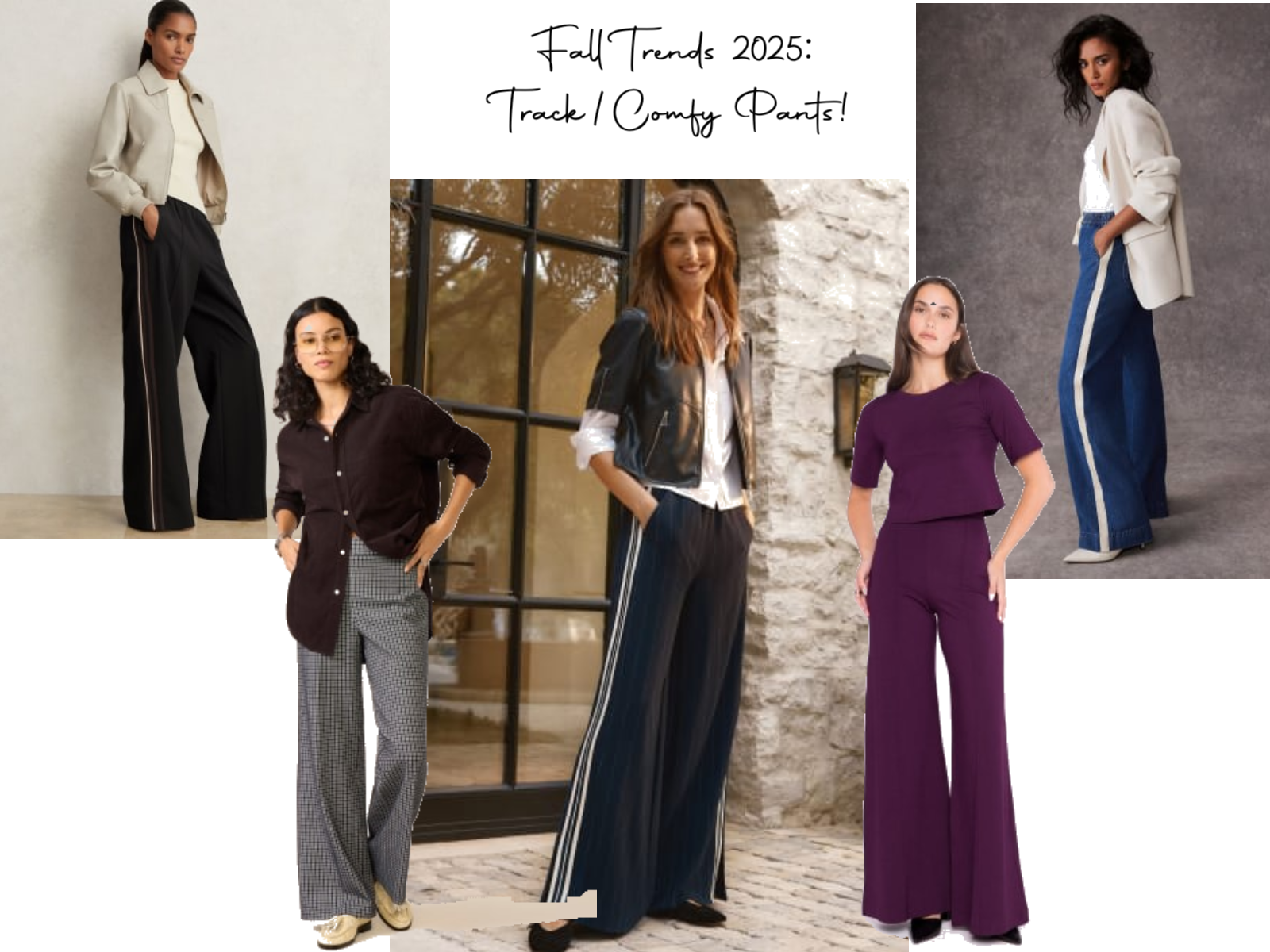 Collage of Woven side-striped track pants with a tailored separates styled by Dana Lynch for fall office style 2025 that blends comfort and polish.