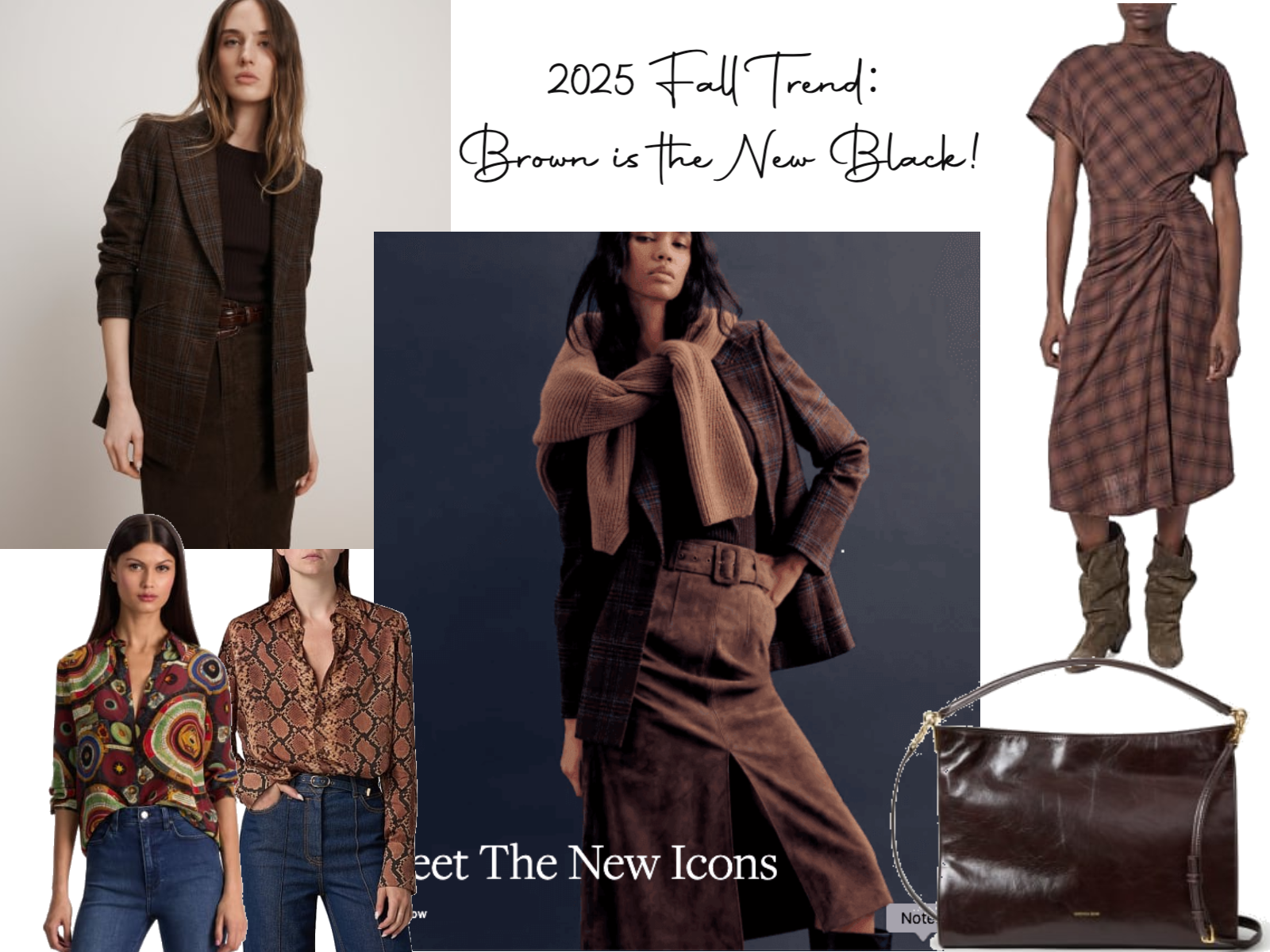 Collage of brown women's clothing. A polished take on fall office style 2025.”