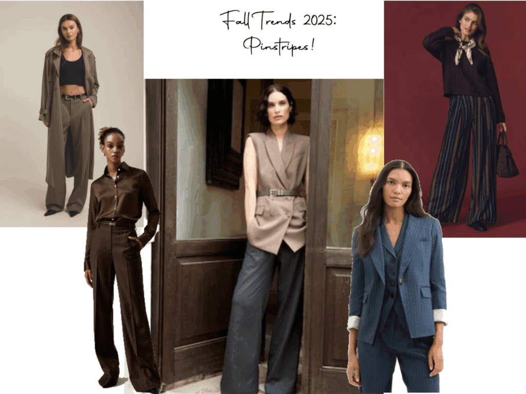 Collage of pinstriped outfit, styled by Dana Lynch for fall office style that feels current, confident, and work-ready.