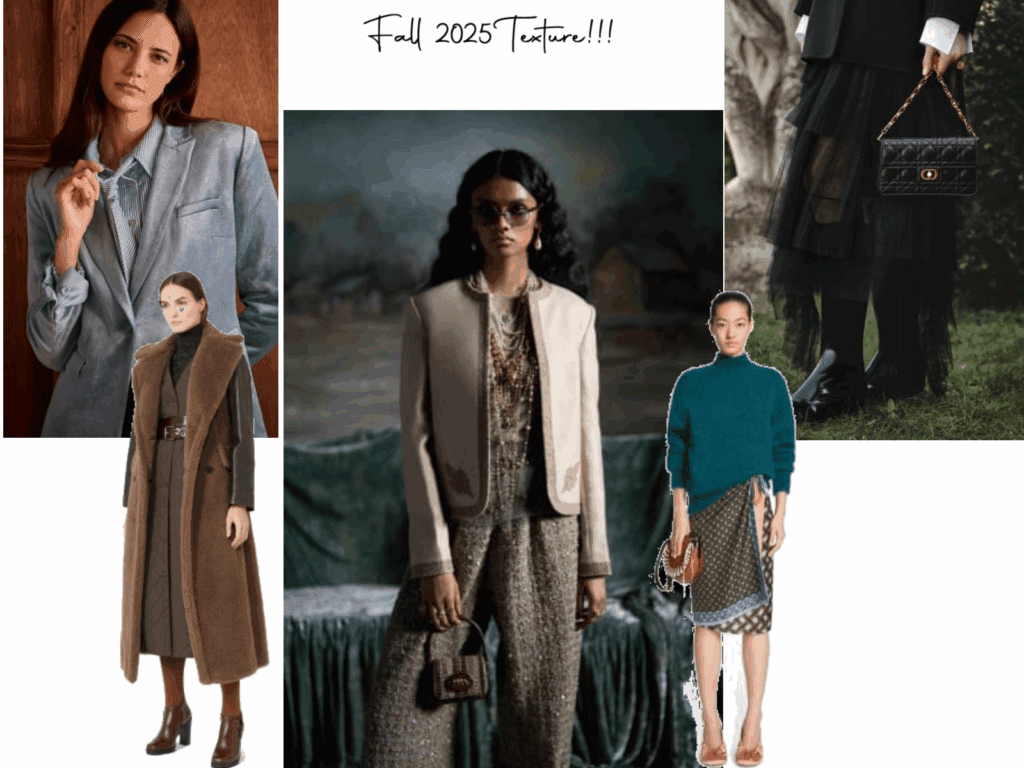 Layered textures for fall office style: velvet, tweed, and leather collage styled by Dana Lynch to add depth without sacrificing polish.