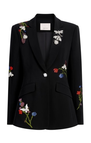Elements of Image showing embroidered black blazer as part of The Academy Awards Styling Method