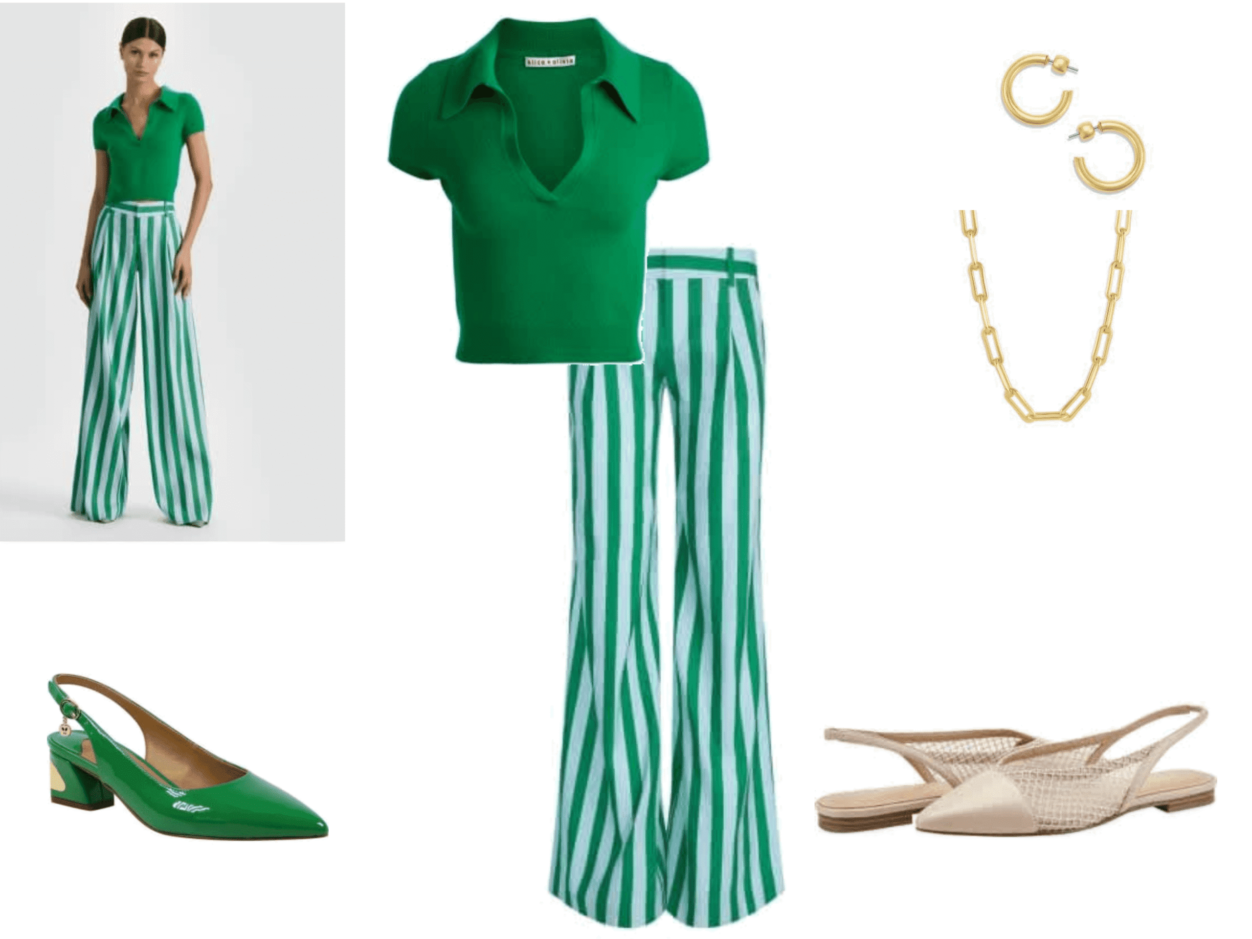 An outfit board with spring striped pants and a kelly green polo sweater and accessories.