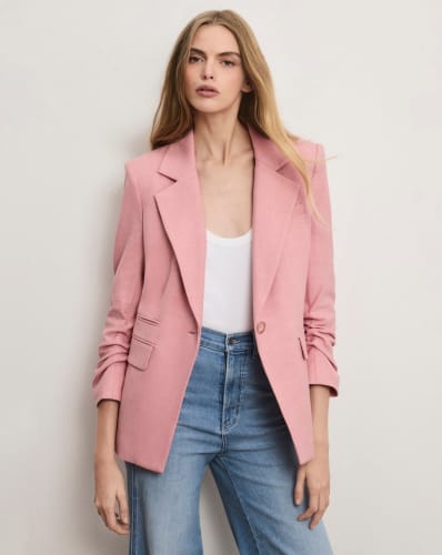 Dusty pink blazer and jeans