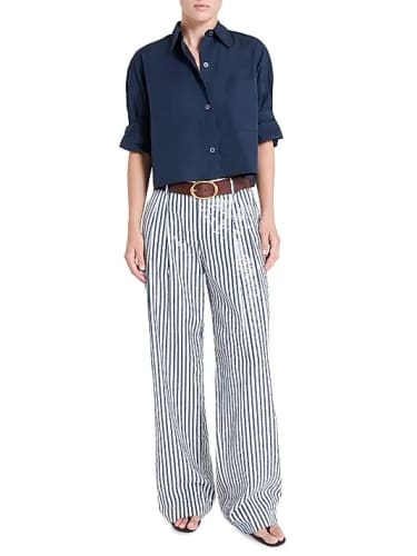 navy rolled sleeve blouse and striped pants