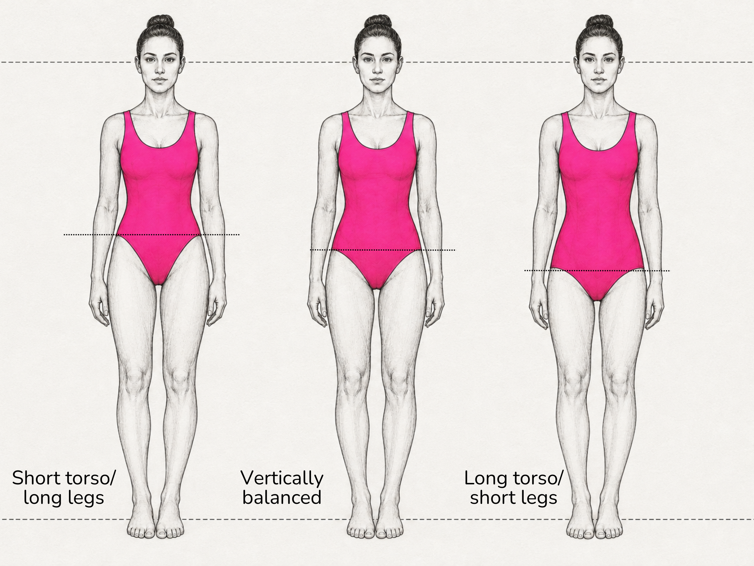 3 womens figures showing upper and lower body vertical proportions