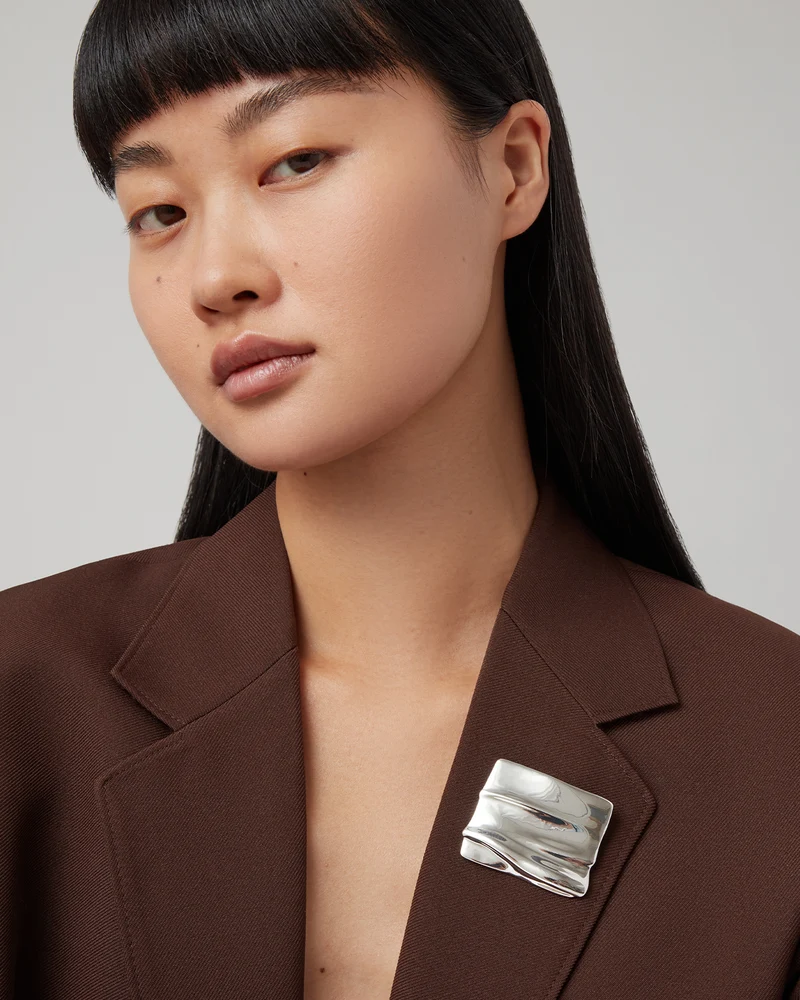 Silver brooch on coat